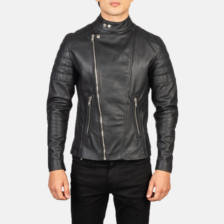 Mens Faisor Black Leather Biker Jacket Close Front-5-1634137720699